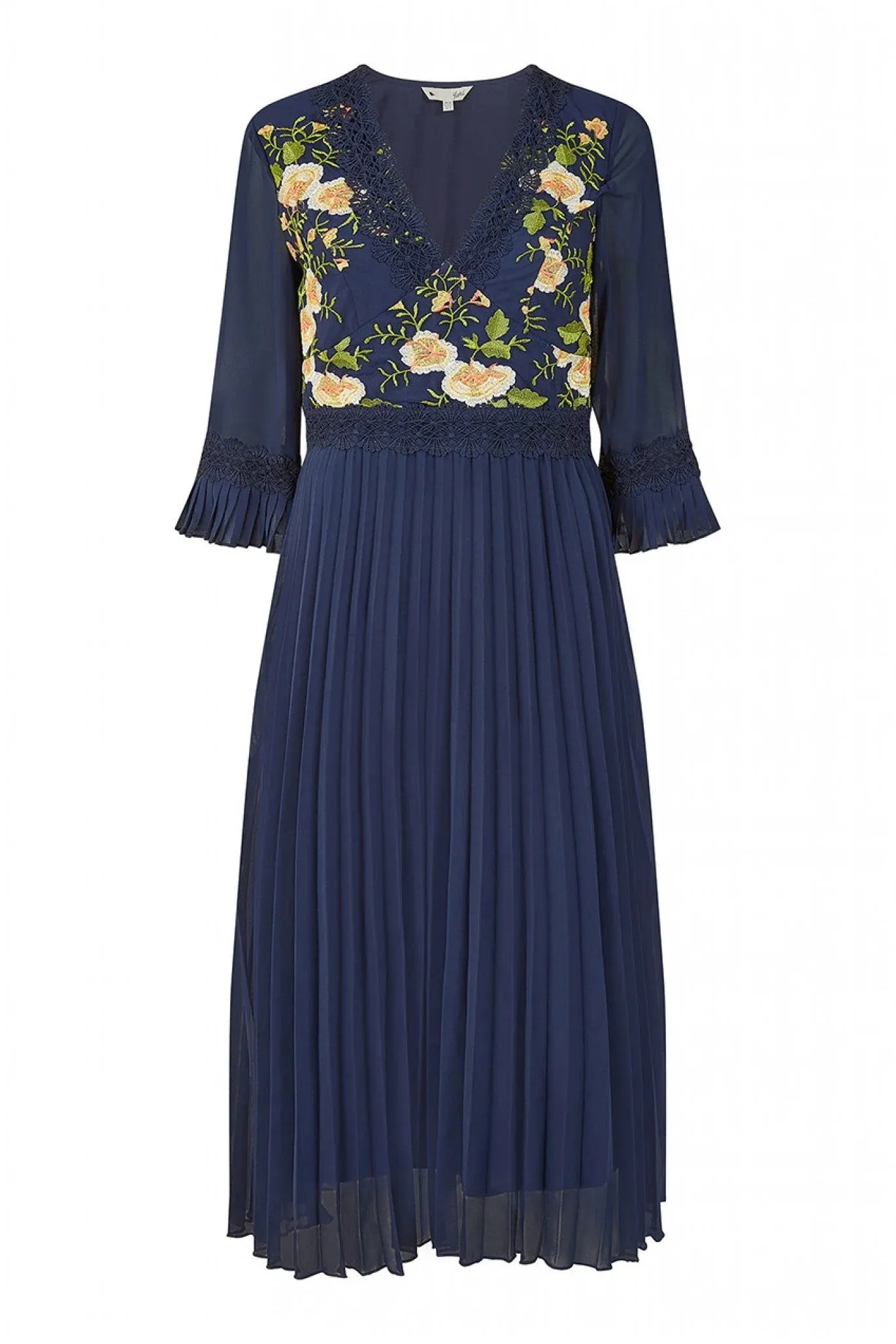 Yumi Navy Embroidered Floral Pleated Midi Dress